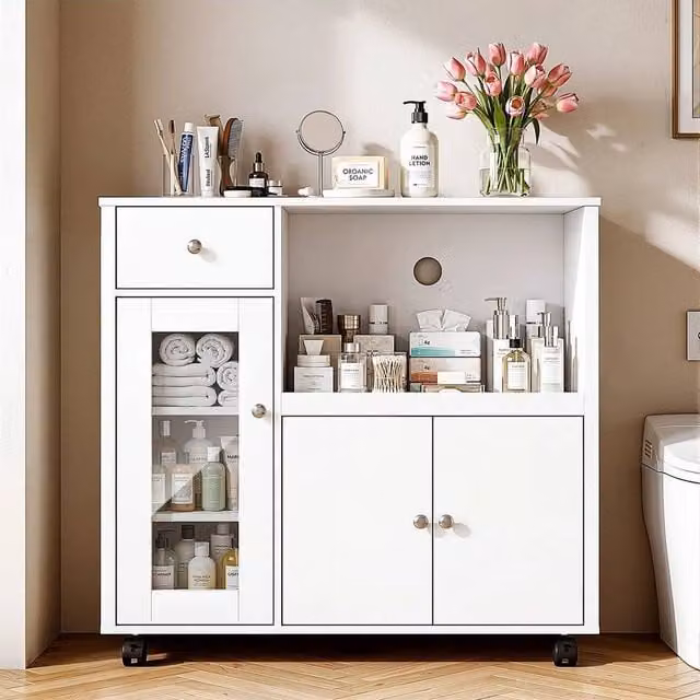 KORVIXA White Lacquered Kitchen Island Sideboard Rolling Trolley with Glass, W: 90 cm, D: 40 cm, H: 82.5 cm – 1