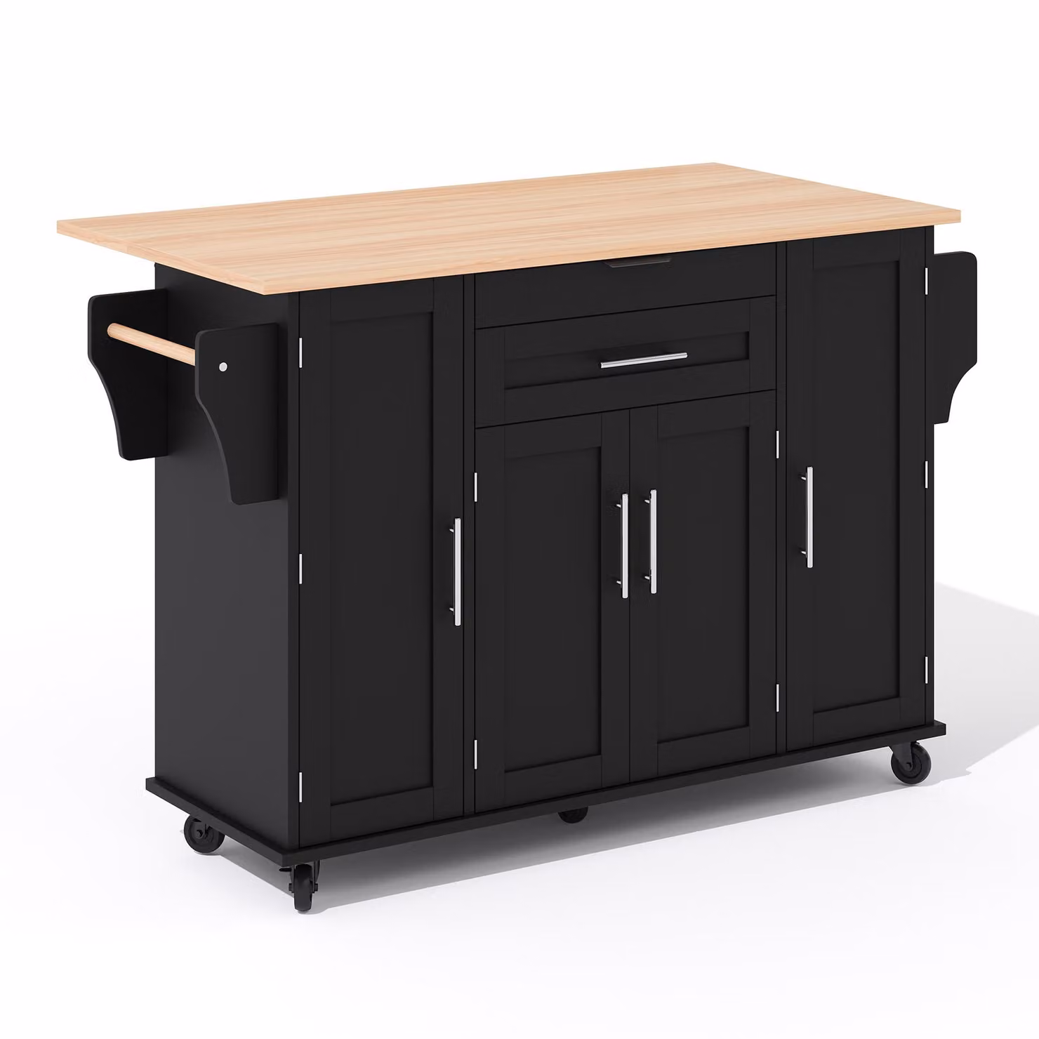 Aosom UK Modern Kitchen Trolley with Fold-Out Worktop and Double-Door Cabinets, Black and Natural, W: 70 cm, D: 70 cm, H: 92 cm – 2
