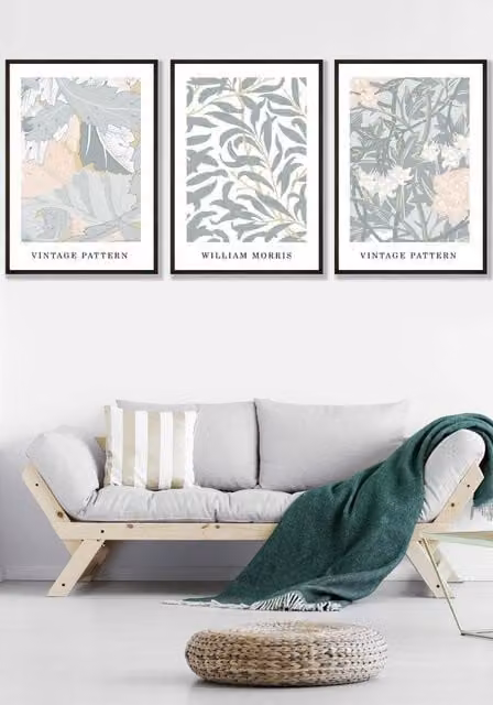 ARTZE Set of 3 William Morris Vintage Floral Wall Art, Sage Green and Peach Botanical Illustrations with Black Wood Frames, W: 45 cm, H: 62 cm, D: 2 cm