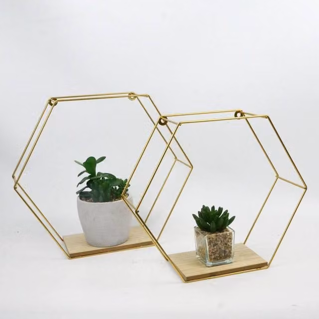 Kelvenix Set of 2 Gold Metal Wired Hexagon Wall Floating Shelves