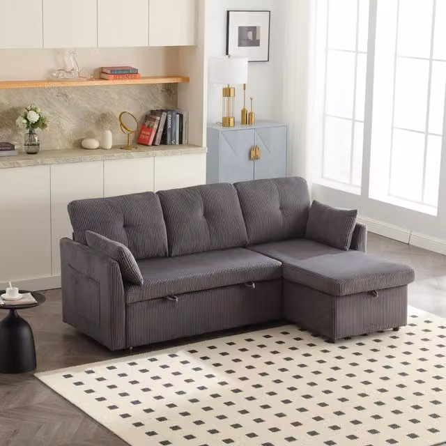 GOMYWAY L-Shaped Sectional Sleeper Sofa with Storage Chaise and Corduroy Upholstery, Charcoal Grey, W: 206 cm, D: 130 cm, H: 88 cm – 1