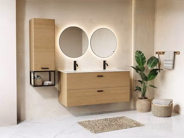 Vente-unique Fluted Wall-Hung Bathroom Vanity Unit with Inset Basin and Tall Cabinet in Light Oak – 1