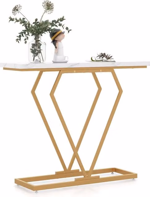 Costway Modern Faux Marble Console Table in White and Gold, W: 100 cm, H: 79 cm