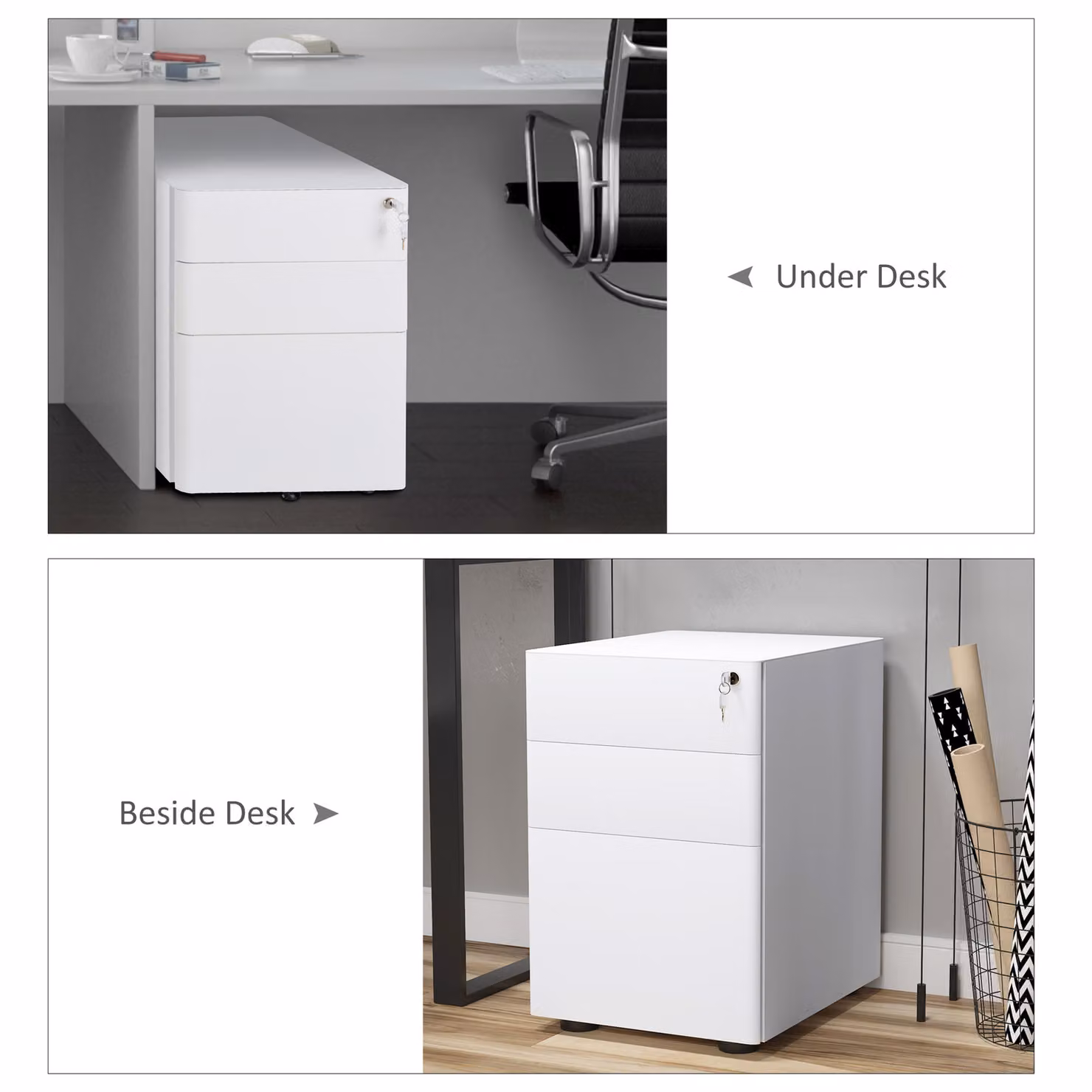 Vinsetto Lockable 3 Drawer Metal Rolling Vertical Filing Cabinet in White – 3