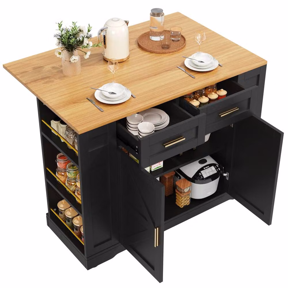 Fascinate Black Rolling Kitchen Island Cart with Foldable Worktop and Storage – 7