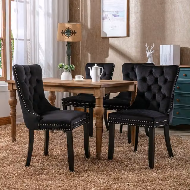 Modern Home Store Evelyn Velvet Dining Chairs in Black with Oak Wood Legs, Set of 4