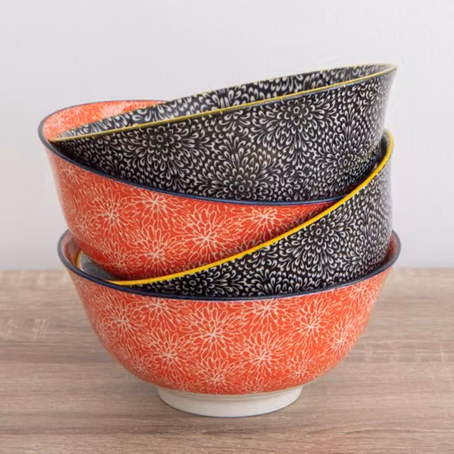 KitchenCraft 4-Piece Ceramic Floral Bowl Set in Red and Black, 15 cm – 1