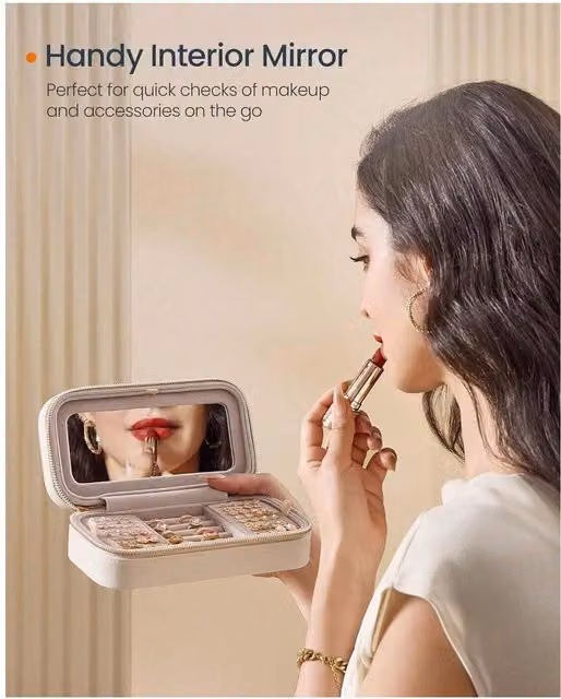 SONGMICS Travel Jewellery Box Case with Mirror, White, W/D/H: 20.5 x 6.0 x 6.0 cm