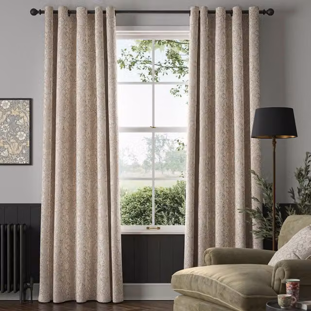 William Morris Compton Silhouette Made To Measure Floral Velvet Eyelet Curtains in Cloud White and Beige
