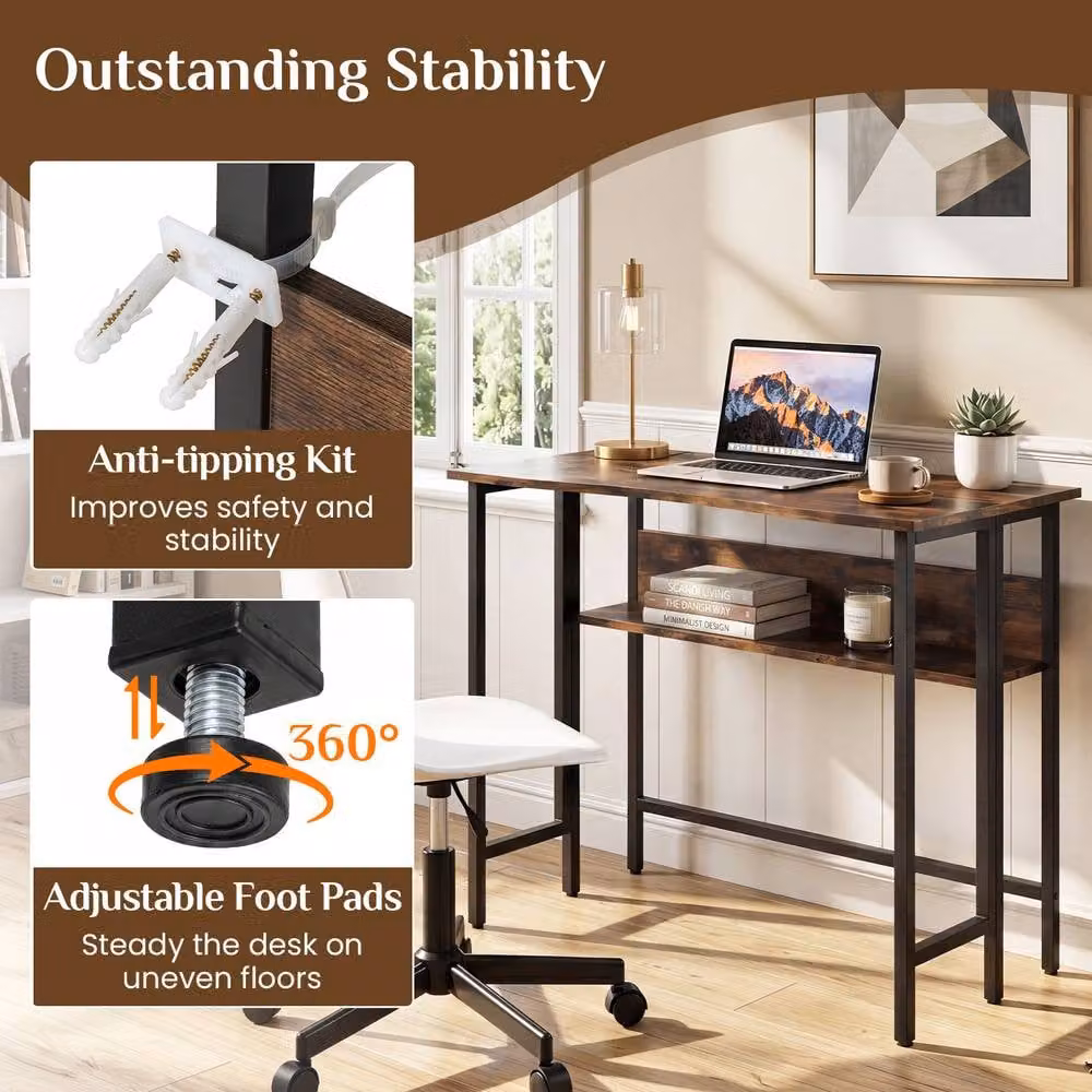 Costway Small Folding Computer Desk with Storage Shelf in Brown – 3