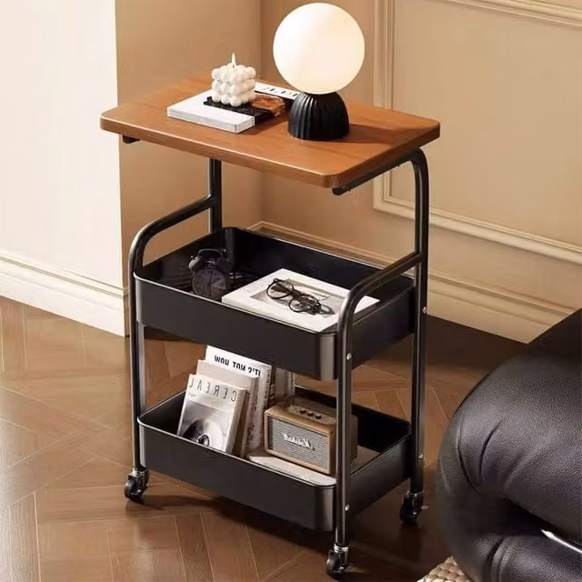 Ventryn Modern Mobile Storage Cart with Wooden Desktop and Sturdy Metal Frame in Black and Brown – 1