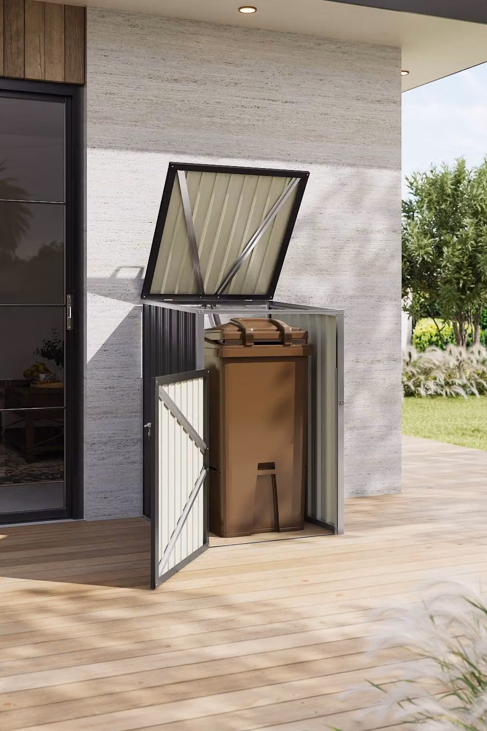 Garden Sanctuary Metal Outdoor Garbage Bin Shed for 1 Bin, Black – 1