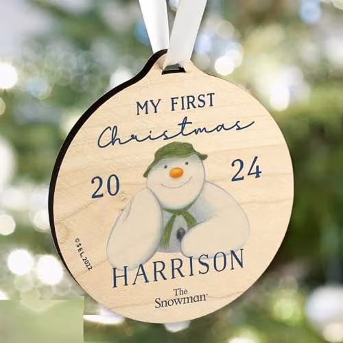 Custom Personalised The Snowman My First Christmas Round Wooden Hanging Decoration – 1