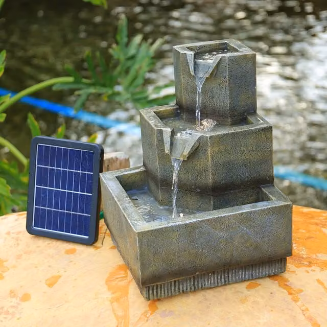 Livingandhome Solar-Powered LED Square Cascade Water Feature in Bronze Resin