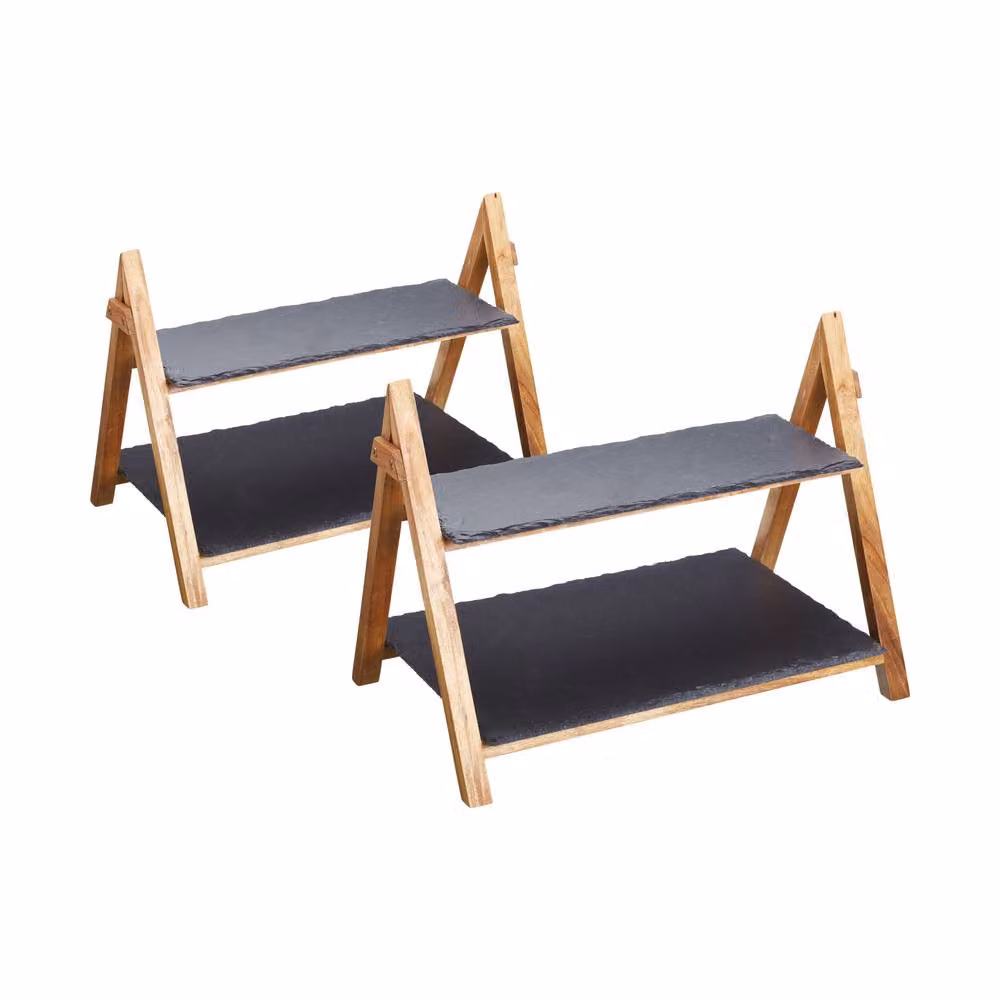Artesa Set of 2 Rectangular 2-Tier Slate and Solid Wood Serving Stands in Anthracite Grey – 2
