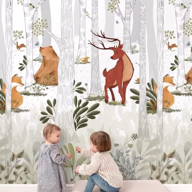Grandeco Nursery Woodland 3 Lane Repeatable Wallpaper Mural in White and Multicolour