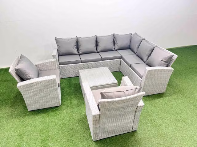 Fimous 8 Seater Rattan Garden Furniture Set in Light Grey with L-Shape Sofa, Coffee Table and Weather Resistant Cushions