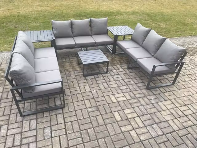 Fimous 9 Seater Aluminium Outdoor Garden Furniture Set in Dark Grey with L-Shape Sofa, Coffee Table and Side Tables