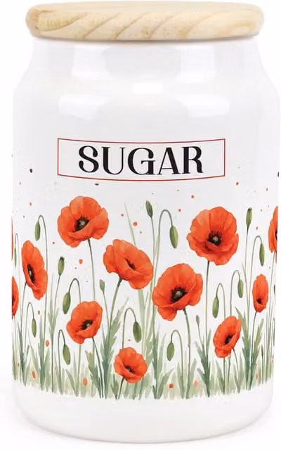 Purely Home Summer Poppies Airtight Ceramic Sugar Storage Canister in Red, Brown, Orange and White
