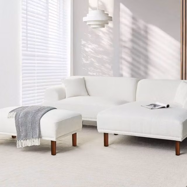 Wyld and Coco White Bouclé Rectangular Ottoman with Wood Frame