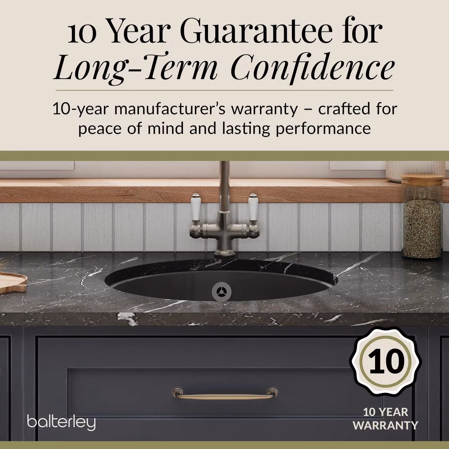 Balterley Ceramic Undermount 1 Bowl Kitchen Sink with Overflow, Dark Grey, W: 46.0 cm, D: 19.2 cm – 5