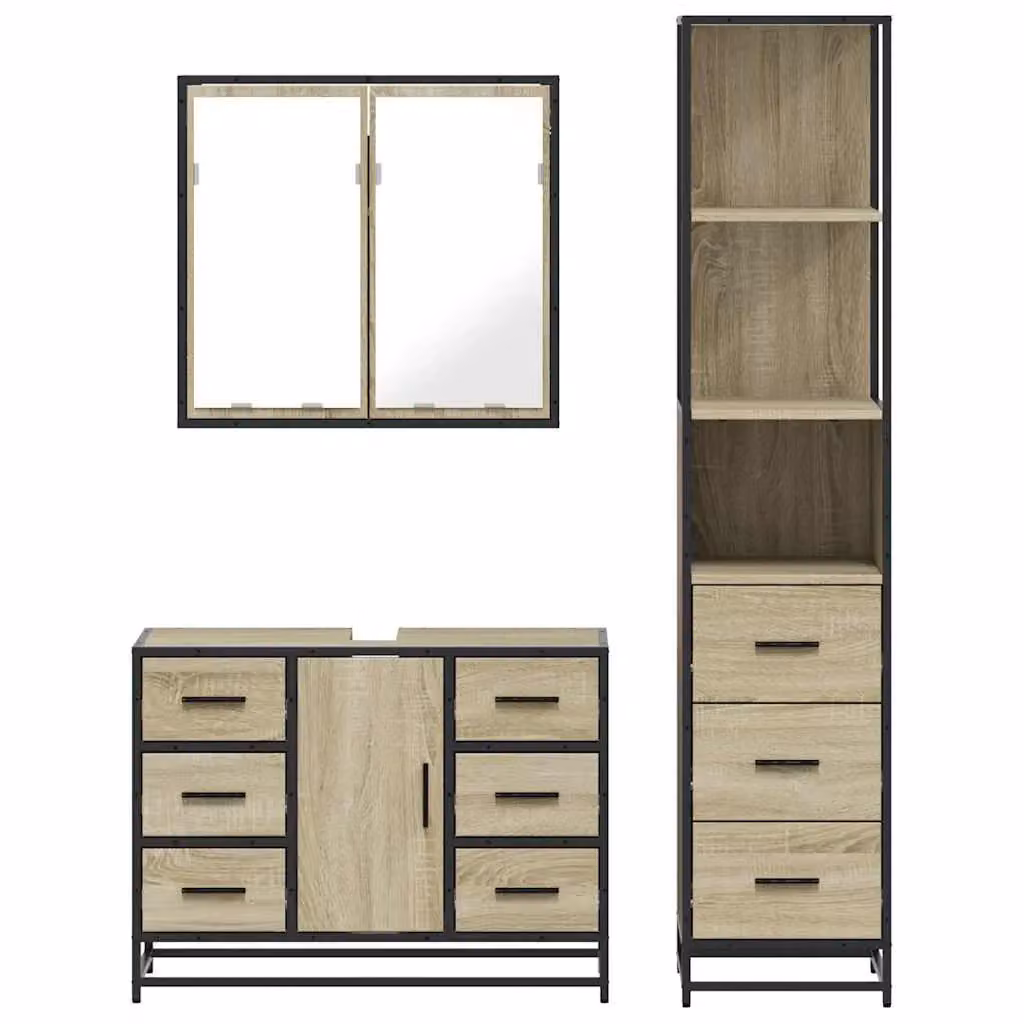 Berkfield Home 3 Piece Industrial Bathroom Furniture Set in Sonoma Oak and Brown – 3