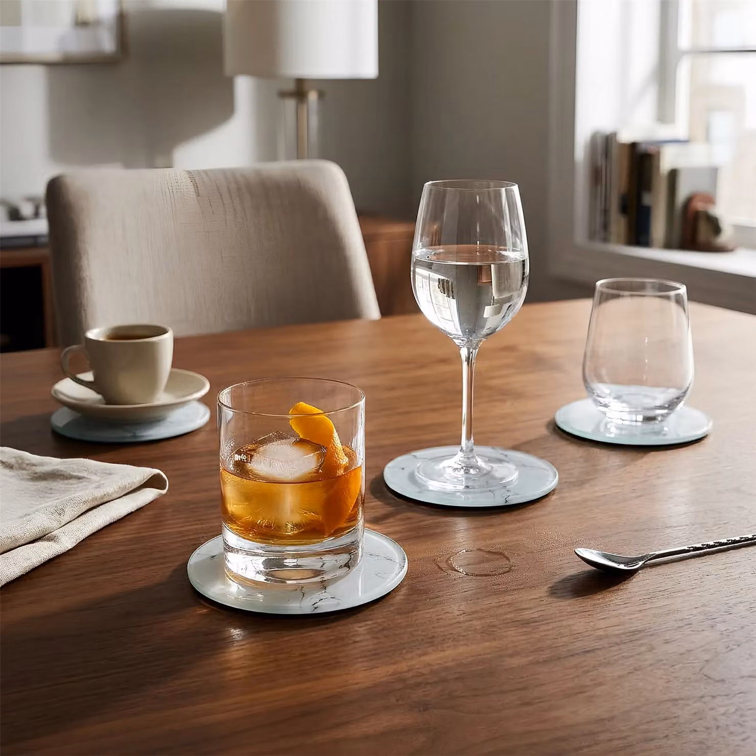 Harbour Housewares Set of 6 White Marble Effect Square Glass Coasters, Diameter: 10 cm – 8