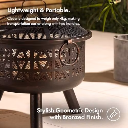 VonHaus Geometric Steel Fire Pit in Brown Bronze with Fire Poker and Mesh Guard, W/D/H: 55 x 55 x 55 cm – 3