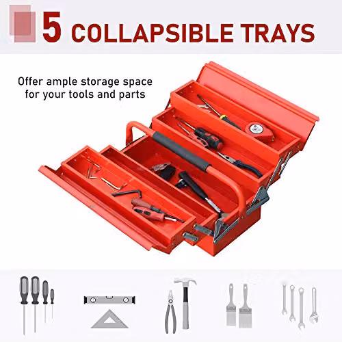 DURHAND Red Metal Cantilever Toolbox with 3 Tiers and 5 Trays, W: 45 cm, D: 20 cm, H: 34.5 cm – 3