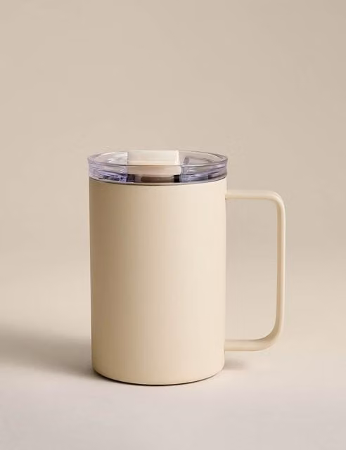 M&S Double Walled Stainless Steel Travel Mug with Lid, Beige, 350ml