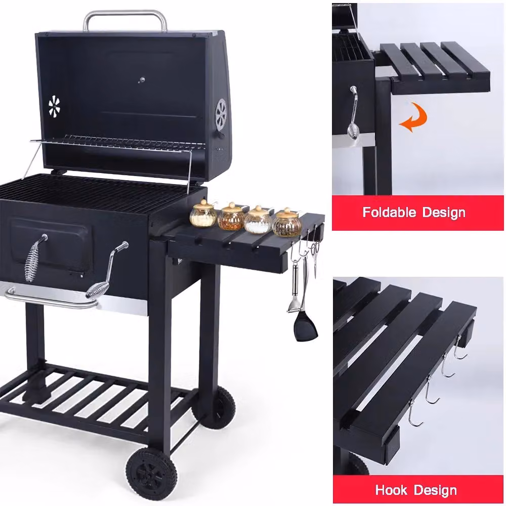Living and Home Charcoal BBQ Grill with Portable Trolley and Thermometer in Black – 8