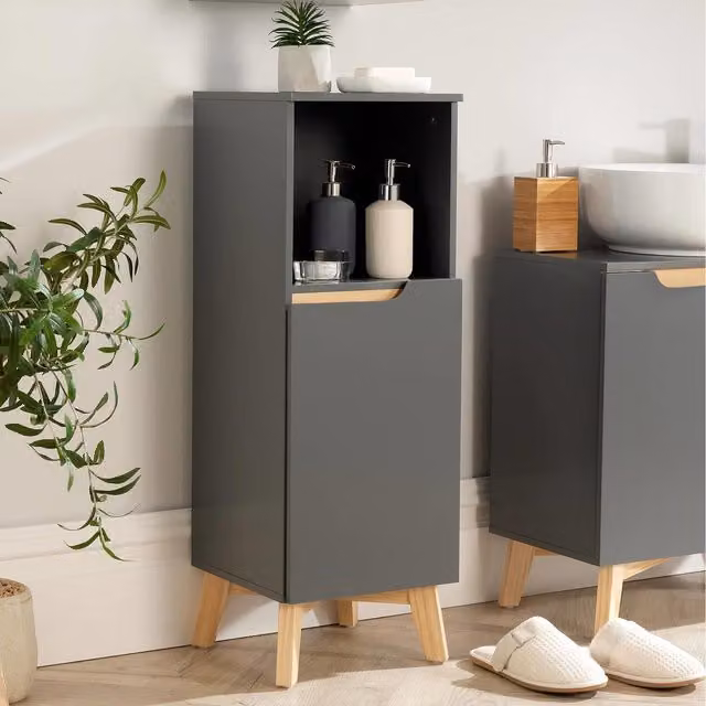 Home Source Florence Mid-Century One Door Freestanding Bathroom Floor Cabinet in Grey