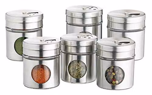 KitchenCraft Set of 6 Airtight Stainless Steel and Glass Spice Jars in Silver and Transparent