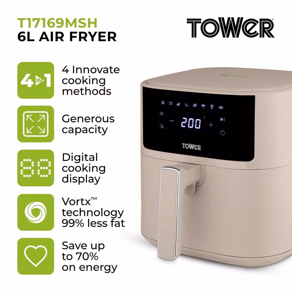 Tower Vortx Air Fryer with Digital Control Panel, 1700W, 6L, White and Light Beige – 2