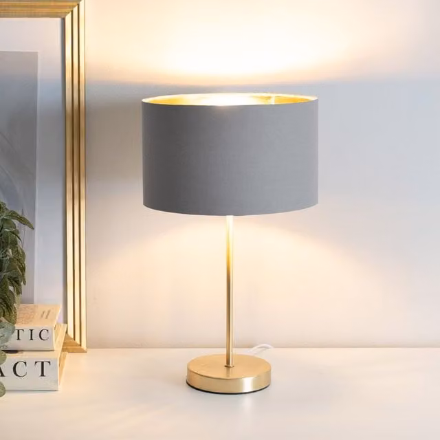ValueLights Charlie Gold Stem Table Lamp with Grey Fabric Drum and Gold Inner Shade including Bulb