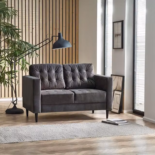 FurnitureboxUK Juno 2-Seater Velvet Sofa in Dark Grey with Solid Wood Frame