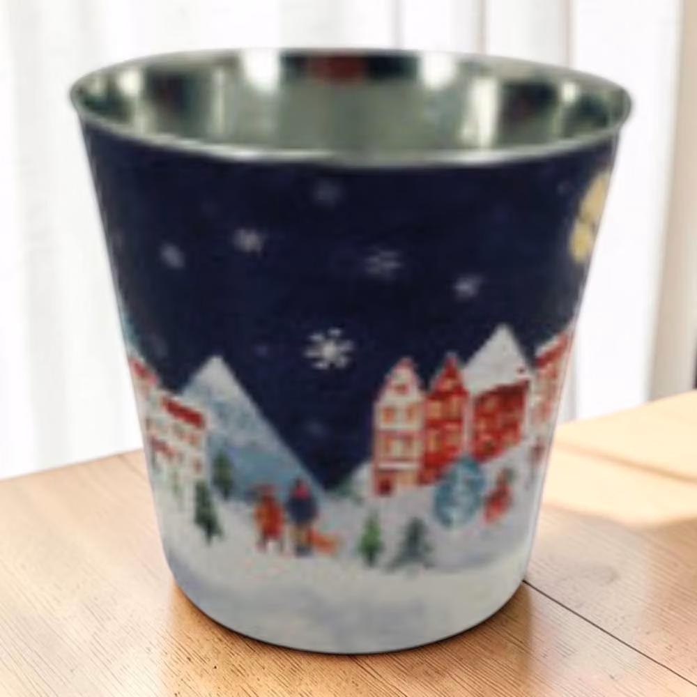 Four Candle Blue Christmas Village Scene Decorative Metal Pot Planter, Diameter: 23 cm – 2