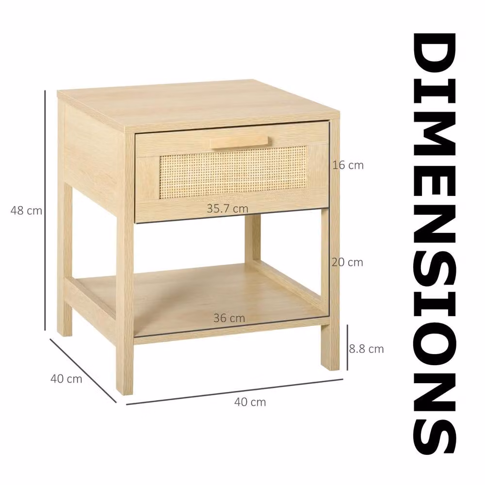FURNOS Set of 2 Brown Bedside Night Tables with Rattan Drawer and Shelf, W: 40 cm, D: 40 cm, H: 48 cm – 4