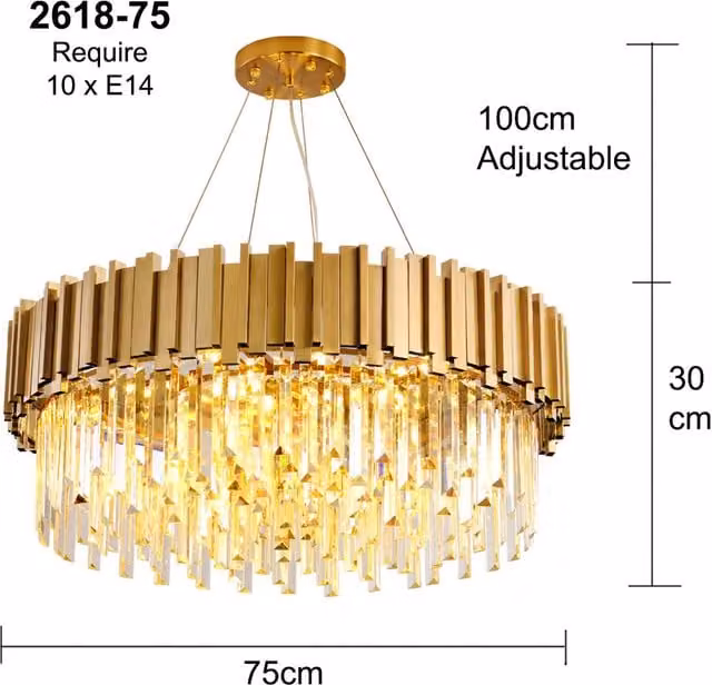 Clear and Gold Postmodern Pendant Chandelier with Crystal and Metal, W/D/H: 75 x 32 x 10 cm