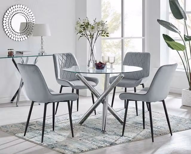 FurnitureboxUK Selina Round Glass Dining Table with Chrome Leg and 4 Pesaro Grey Upholstered Chairs with Black Legs – 1