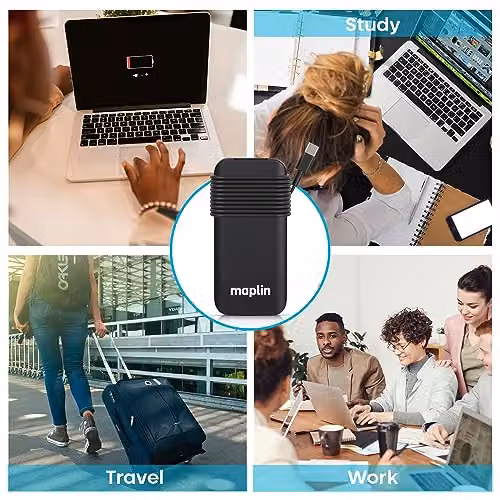 Maplin 100W USB-C Laptop Charger with USB-A Fast Charge Port and 3.35m Cable in Black – 6