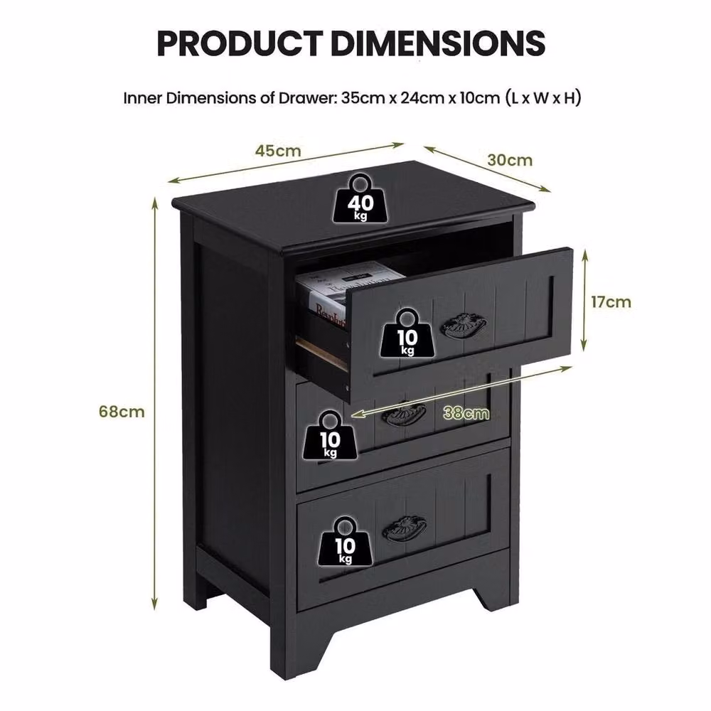 VOGREX Vintage Black Lacquered Wood 3-Drawer Bedside Nightstand Side Table – 2