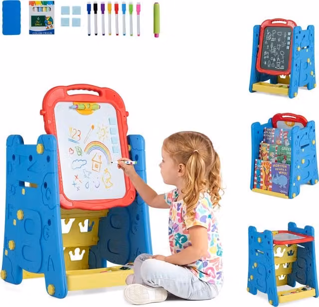 Costway 3 in 1 Double Sided Magnetic Board Art Easel and Whiteboard for Children in Blue and Multicolour