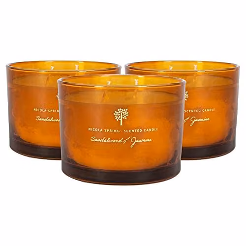 Nicola Spring Sandalwood and Jasmine Scented Soy Wax Pillar Candles, Pack of 3, 350g, Orange