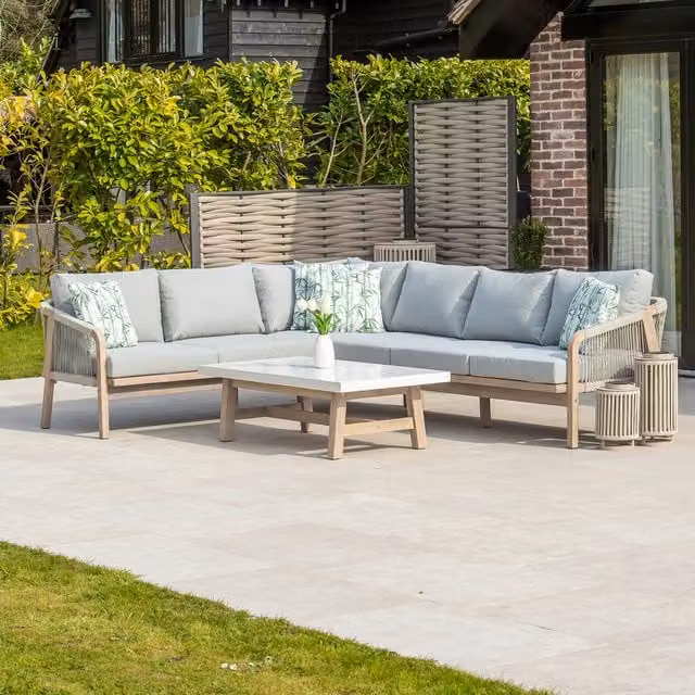 Bracken Outdoors Modern Acacia Wood Corner Sofa Set with Coffee Table in Beige, Brown and Grey