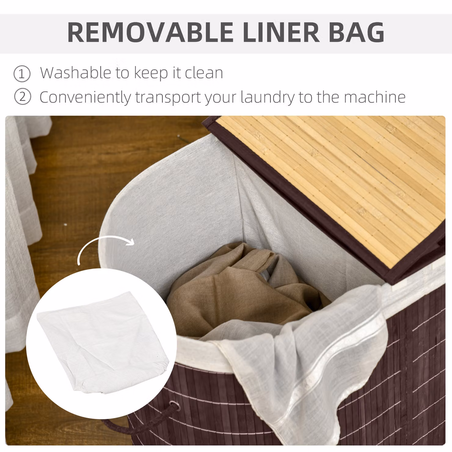 HOMCOM 100L Bamboo Laundry Basket with Lid and 2 Compartments in Brown – 3
