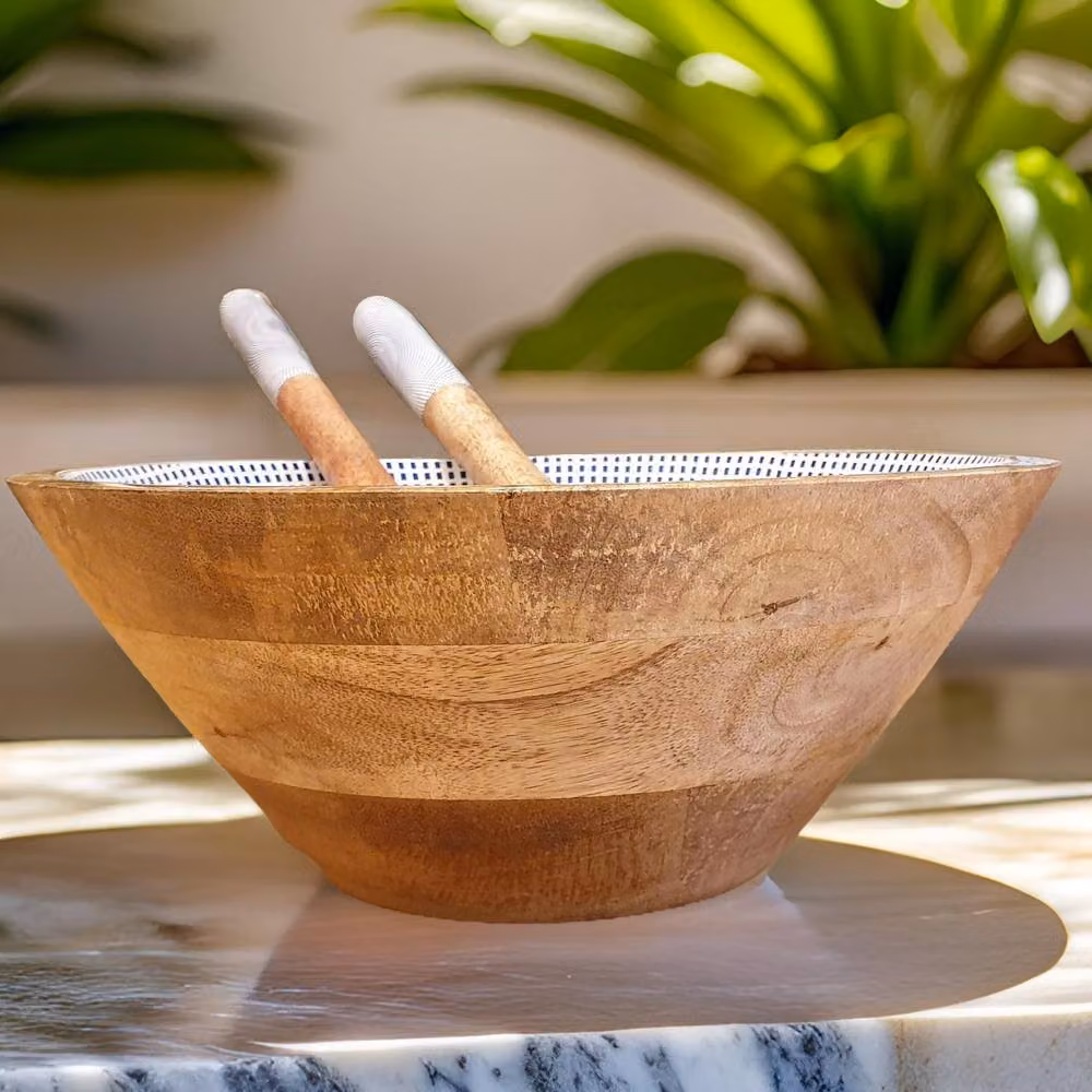 Hartsmede Hand Turned Medium Wooden Serving Bowl with Spoons in Geometric Blue – 2