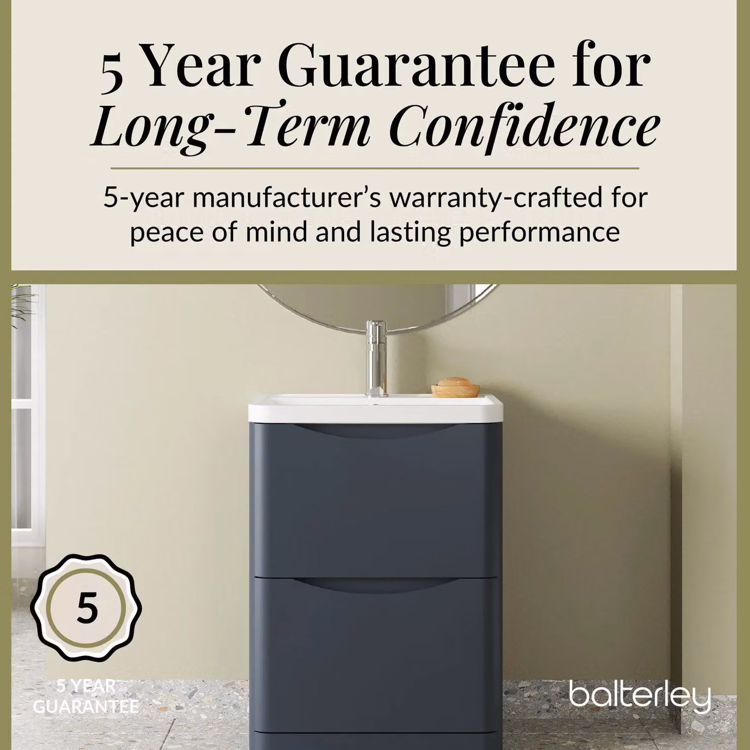 Balterley Modern 2 Drawer Bathroom Floor Vanity with Polymarble Basin, Dark Grey, Width: 60 cm – 3