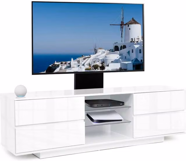 Centurion Supports Avitus Glossy White and Black TV Cabinet with Glass Shelves and Mounting Arm for TVs up to 65 inch, W/D/H: 158 x 40 x 48 cm – 1