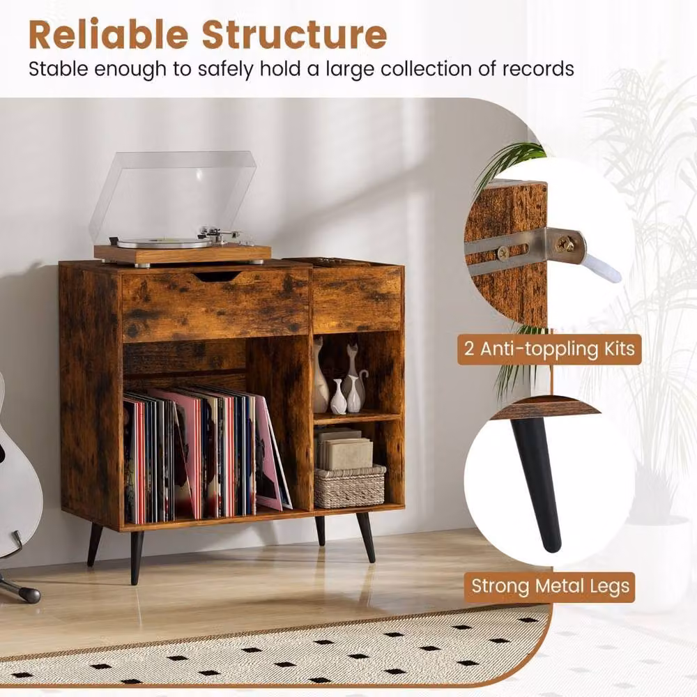 Costway Wooden Record Player Stand and Turntable End Table with Built-In Power Strip in Brown – 8